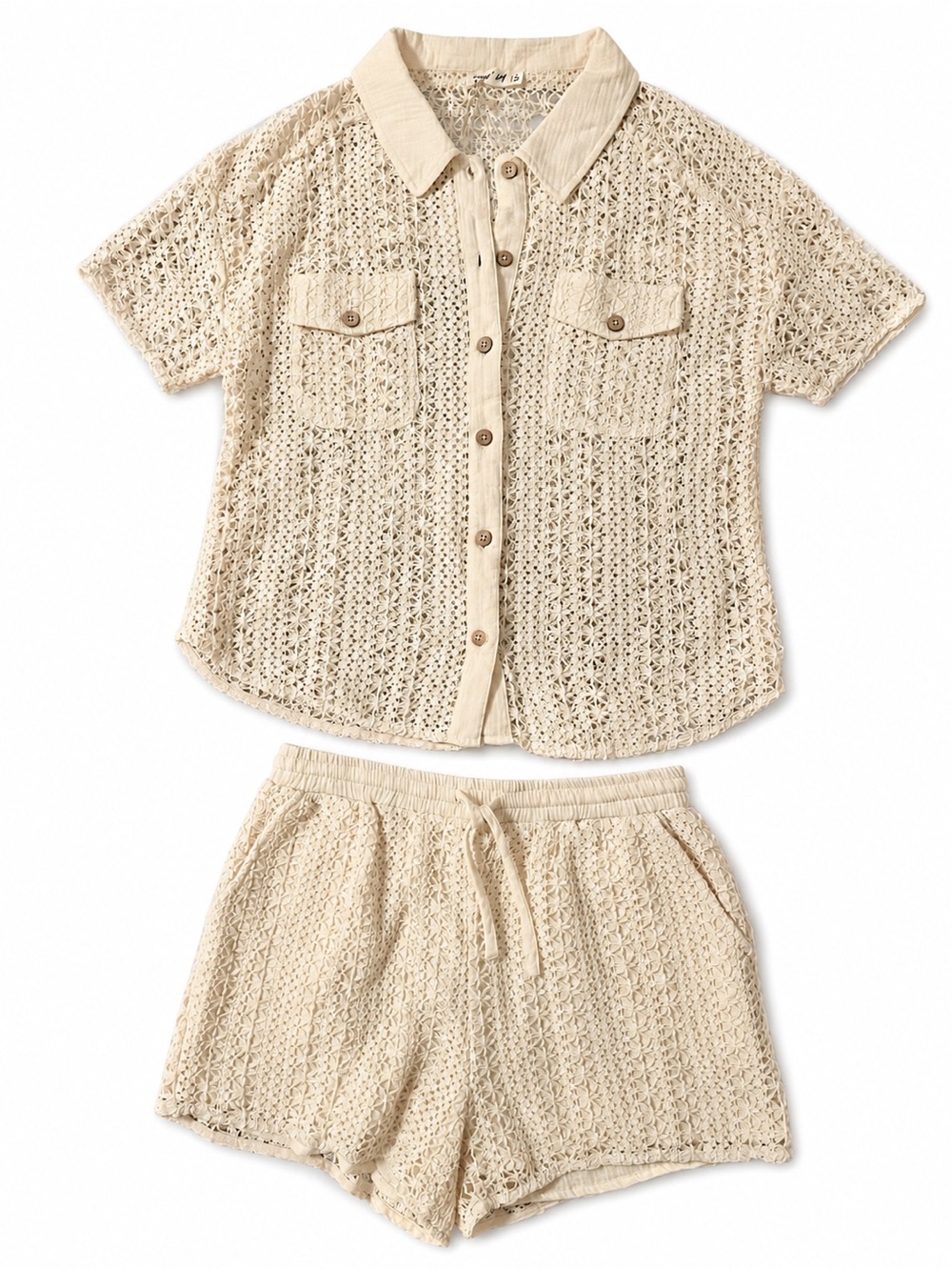 Women's Cream Crochet Button Front Beach Shirt & Shorts Set - Picture 2 of 7